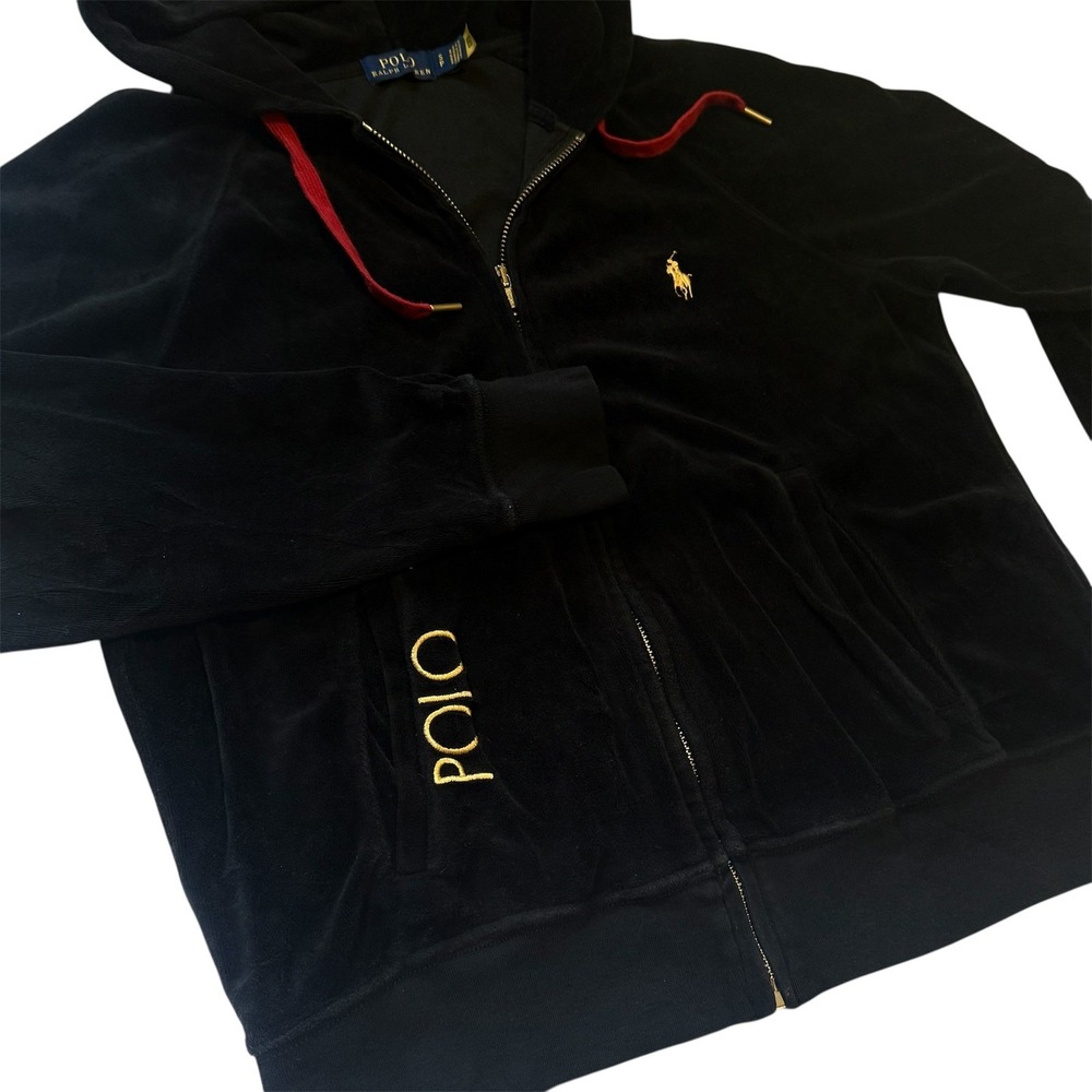 Polo Ralph Lauren Womens Black Velour Full Zip Hoodie Gold Pony Logo Size Small - Picture 4 of 8